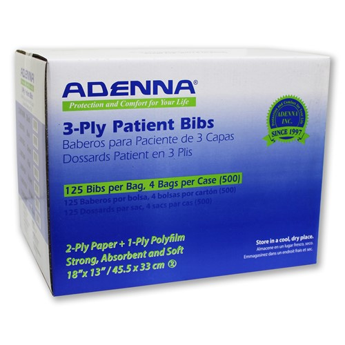 Adenna® Patient Bibs, Lap Cloths, 2 layers of paper + 1 layer of poly film